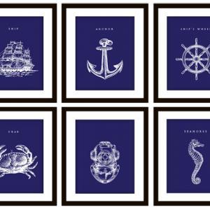 6 Blue Nautical Bedroom Or Bathroom Art Prints,..