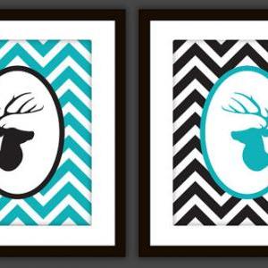 Deer And Antler Head Art Prints (set Of 2) In Any..