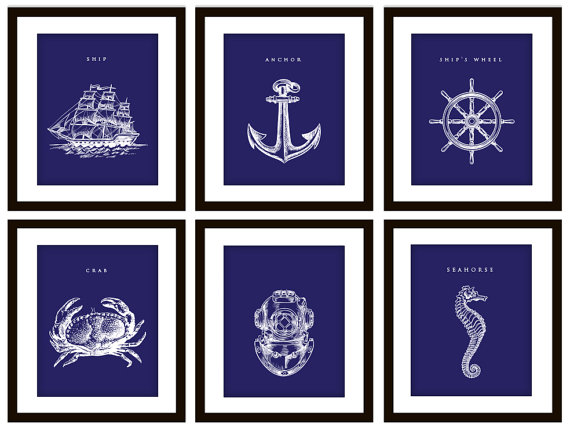 6 Blue Nautical Bedroom Or Bathroom Art Prints, Any Color