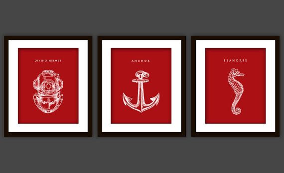 3 Nautical Bathroom Art Prints, ANY color (Anchor, Seahorse, Scuba Helmet)